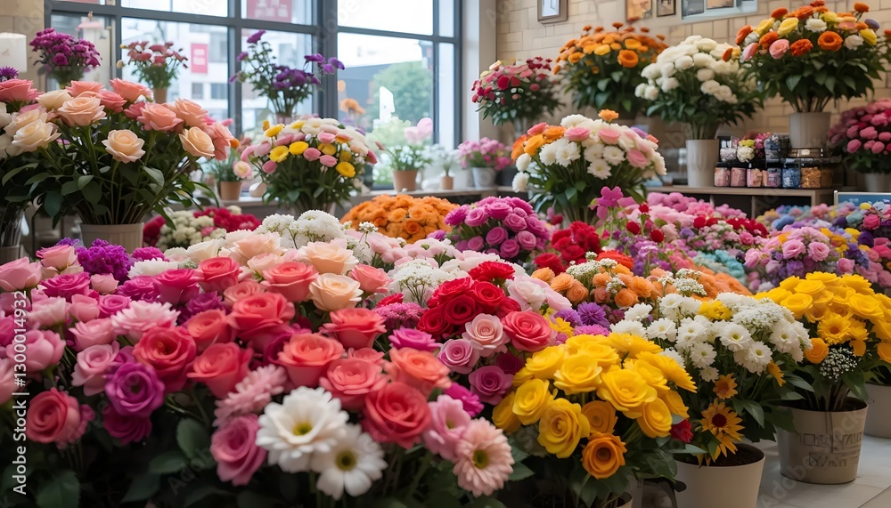 Fototapeta premium A Vibrant Rainbow Of Roses, Lilies, And Chrysanthemums Blooming Together In A Joyful Floral Arrangement, Showcasing A Breathtaking Spectrum Of Colors And Textures In Soft Natural Light