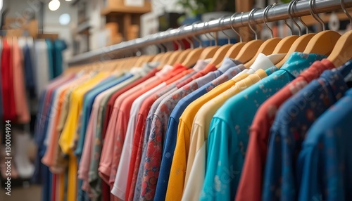 Wallpaper Mural A Vibrant Array Of Summer Shirts Hanging Neatly On Wooden Hangers, Showcasing A Rainbow Of Cheerful Colors And Delightful Patterns In A Bright, Well-lit Boutique Torontodigital.ca