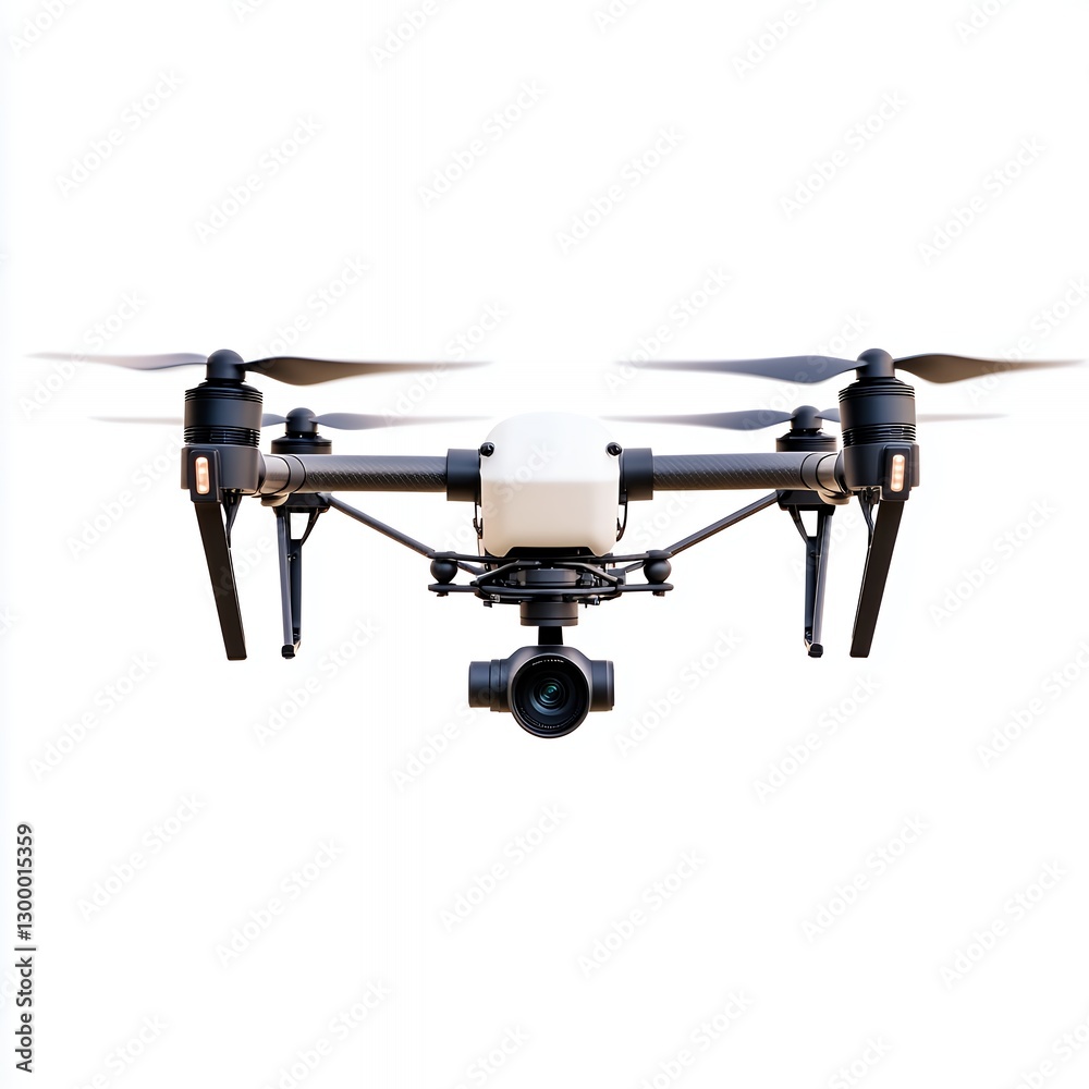 Modern Drone Hovering Against White Background Modern Drone Hovering Against White Background