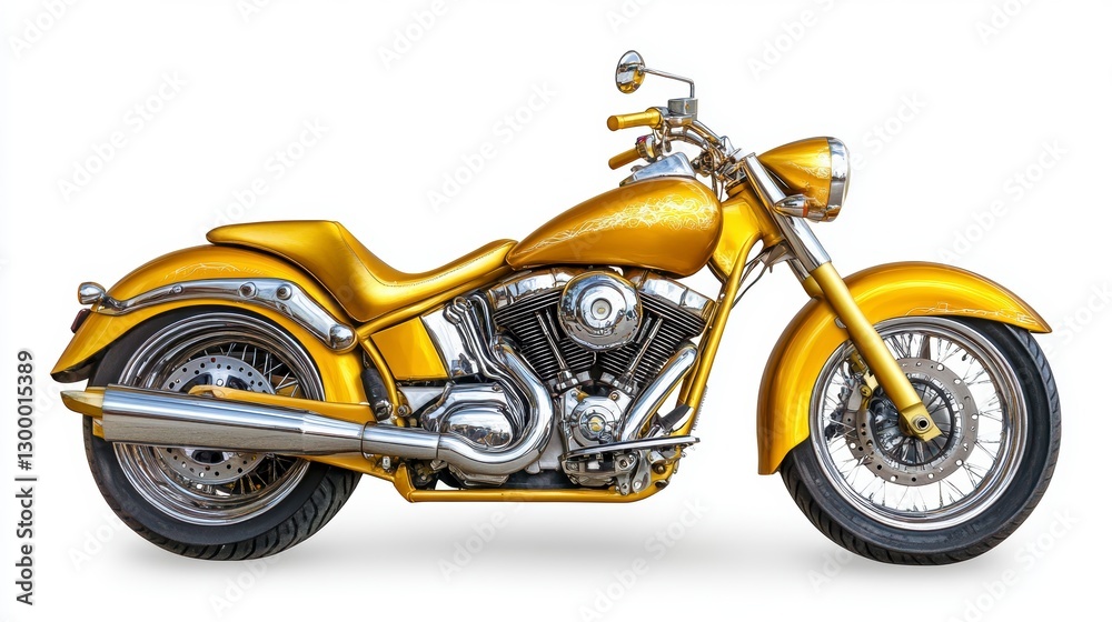 Gold Chopper Motorcycle with Chrome Accents on White Background