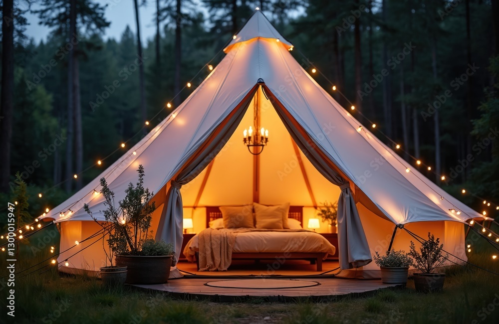 AI generated image of glamping tent decorated with fairy lights in a forest at dusk. Bed inside. Luxurious camping lodging with comfortable accommodation, relax in nature concept. AI generated image of glamping tent decorated with fairy lights in a forest at dusk. Bed inside. Luxurious camping lodging with comfortable accommodation, relax in nature concept.