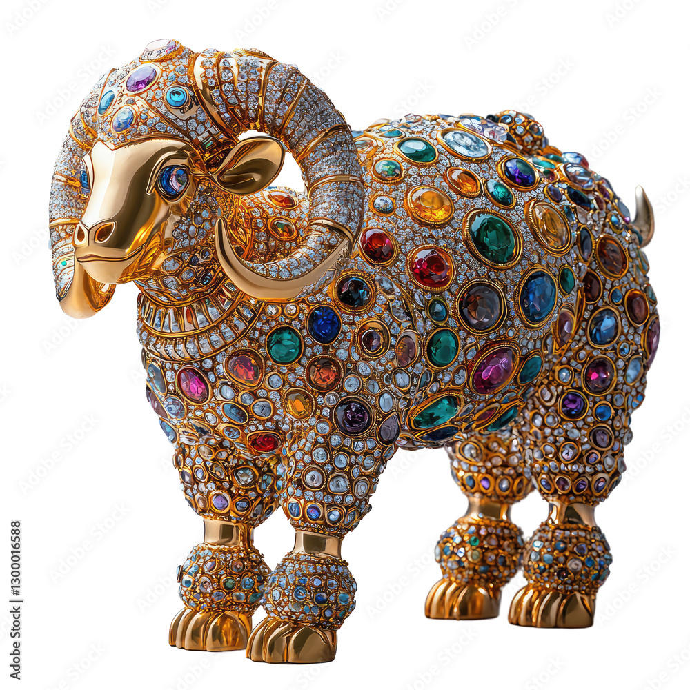 Obraz premium Shiny Gold Sculpture of Himalayan Tahr Decorated with Colorful Gems and Intricate Patterns