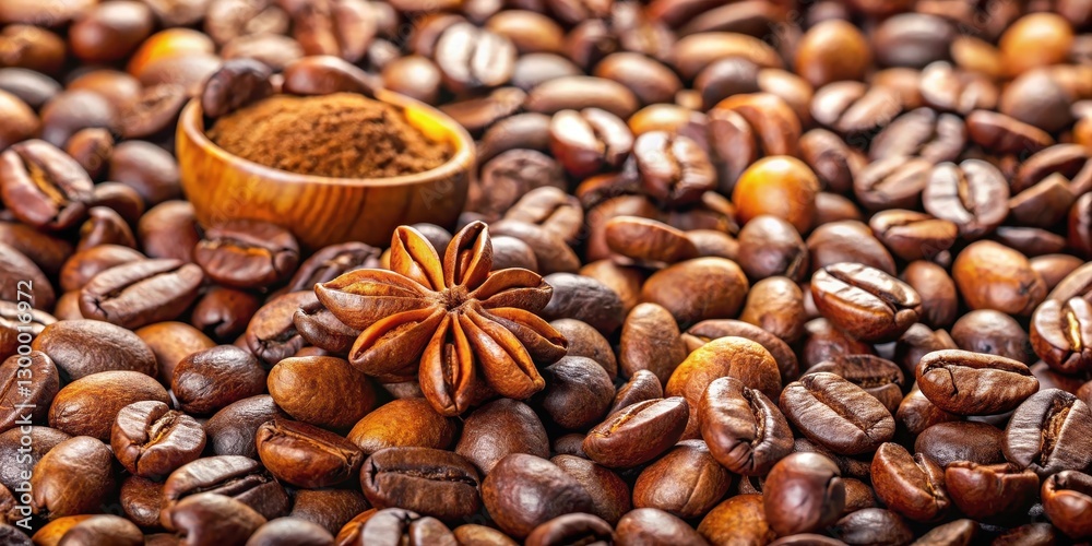 Freshly roasted coffee beans with cracked shells and aromatic oils , close-up, aroma, close-up, aroma Freshly roasted coffee beans with cracked shells and aromatic oils , close-up, aroma, close-up, aroma