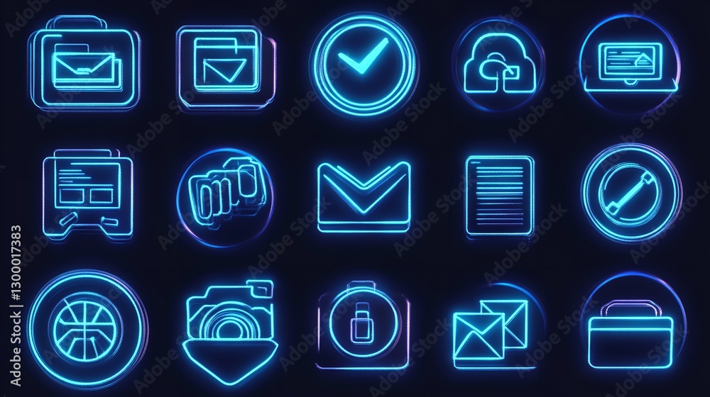 Neon Blue Digital Icons Set Technology Interface Design web app data lock file light shiny email Neon Blue Digital Icons Set Technology Interface Design web app data lock file light shiny email