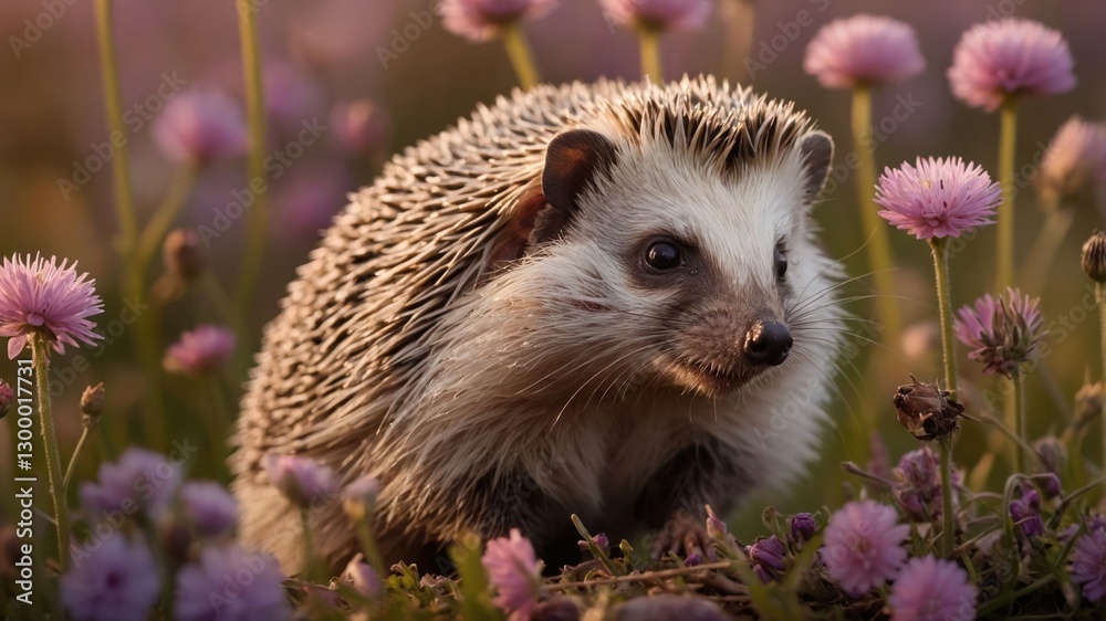 Fototapeta premium A hedgehog among blooming flowers in a serene natural setting.