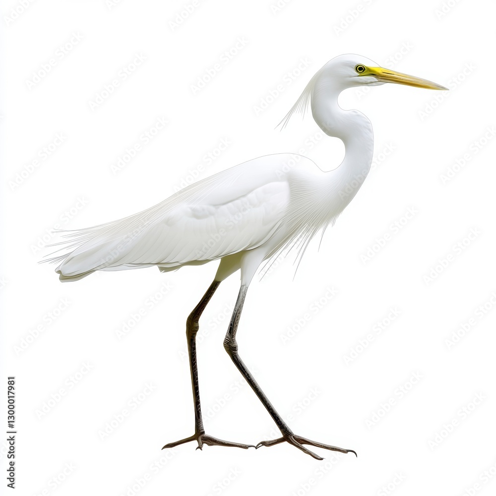 Fototapeta premium White Egret Bird on White Background Elegant Posture and Long Neck