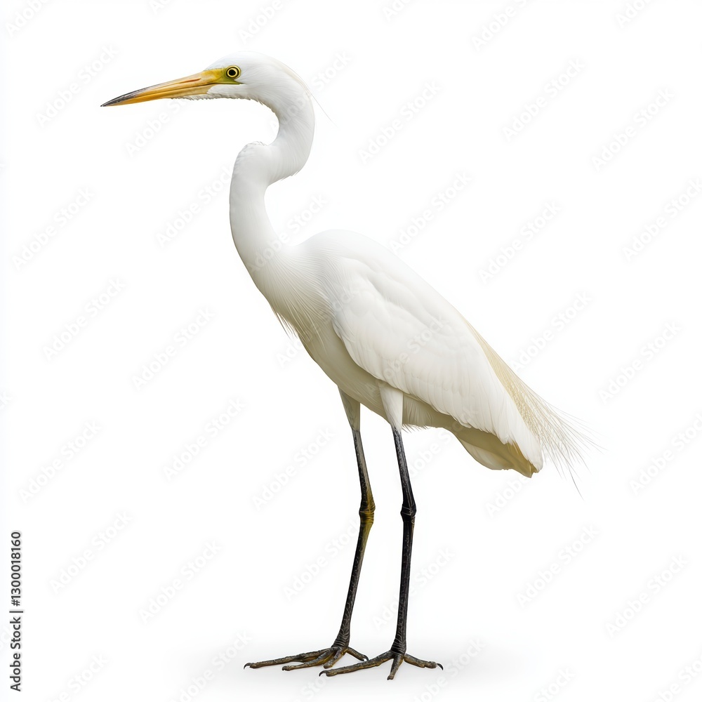 Naklejka premium White Egret Bird on White Background Detailed View