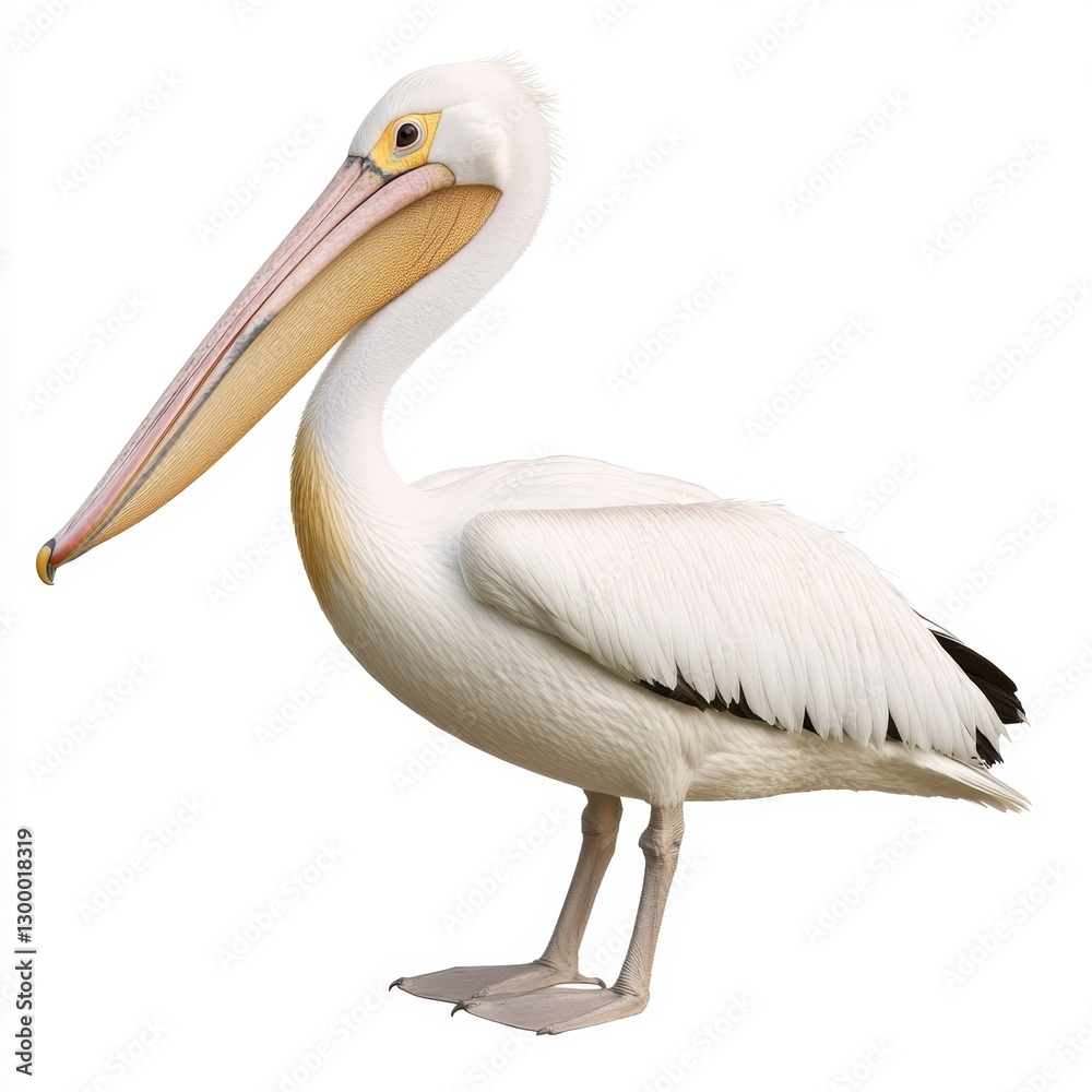 White Pelican Profile Detailed Feathers and Long Beak on White Background White Pelican Profile Detailed Feathers and Long Beak on White Background