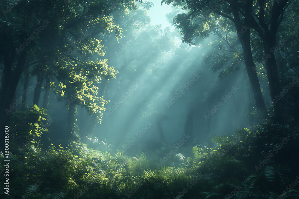 Obraz premium a dense forest shrouded in mist,