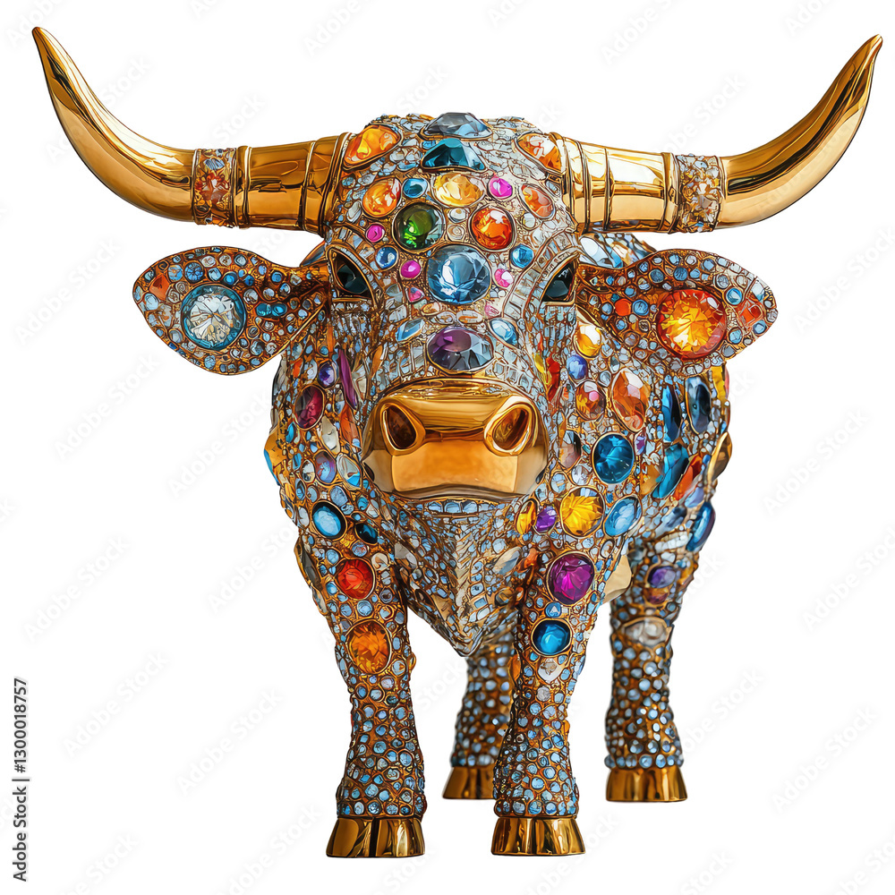 Obraz premium Shiny Gold Sculpture of a Longhorn Decorated with Colorful Gems and Glittering Details