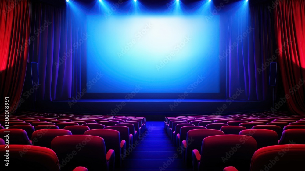 Fototapeta premium Cinematic View of an Empty Theater with Blue Stage Lighting