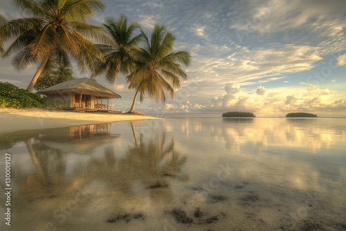 Tranquil sunrise over a tropical beach hut reflected in calm water.