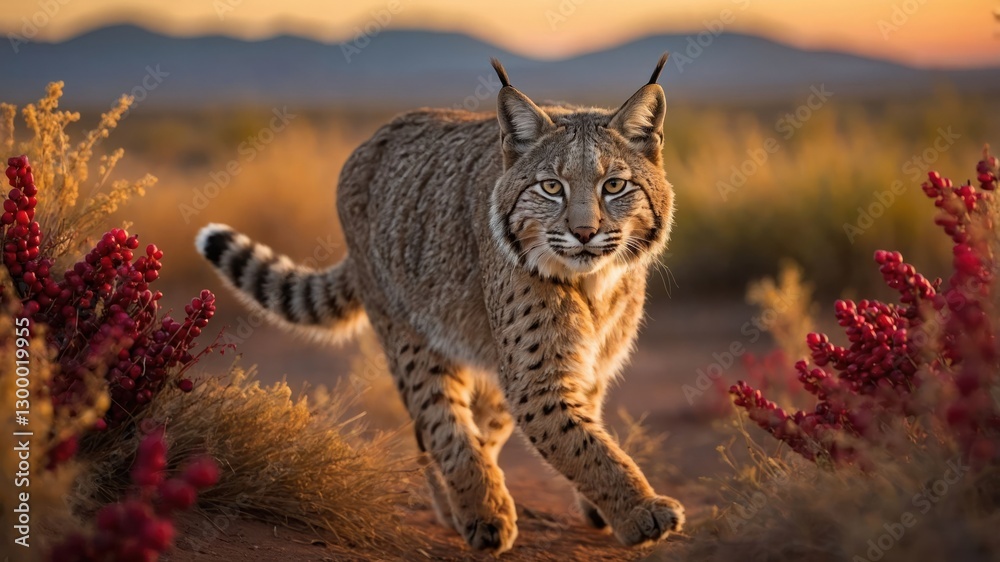 A bobcat walks through a desert landscape at sunset, surrounded by vibrant plants. A bobcat walks through a desert landscape at sunset, surrounded by vibrant plants.