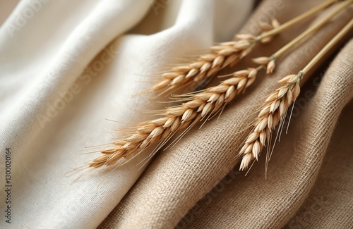 Golden wheat ears laying on natural rough canvas, linen fabrics. Textured background of homespun flax material. Organic eco clothes production. Rustic vintage burlap fabric texture close-up. Trendy