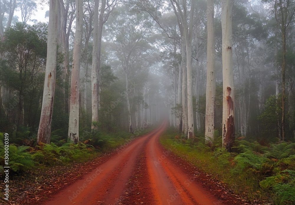 Obraz premium Misty morning road through tall, white-barked trees in a forest.