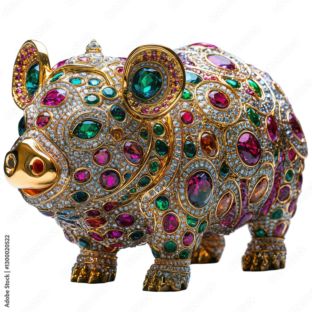 Obraz premium Shiny Gold Sculpture of a Colorful Peccary Adorned with Gemstones in Intricate Design and Detail