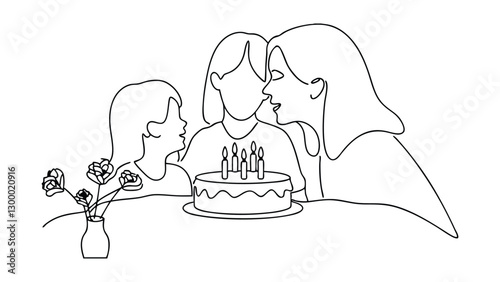 Line art drawing of a mother and two daughters celebrating a birthday. Theyre gathered around a cake with lit candles, sharing a tender moment of love and joy.