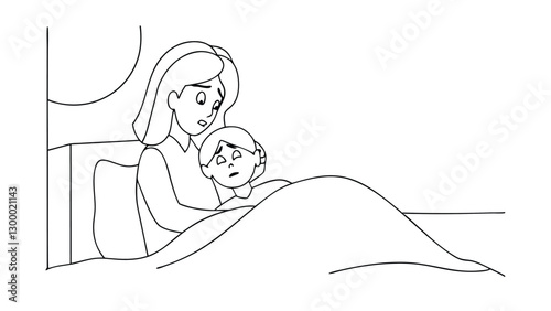 Mother Comforting Sad Child in Bed at Nighttime