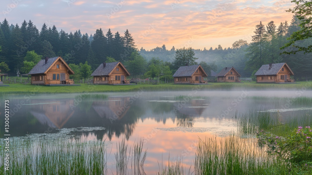 Fototapeta premium Charming Rustic Lakeside Scene at Sunrise