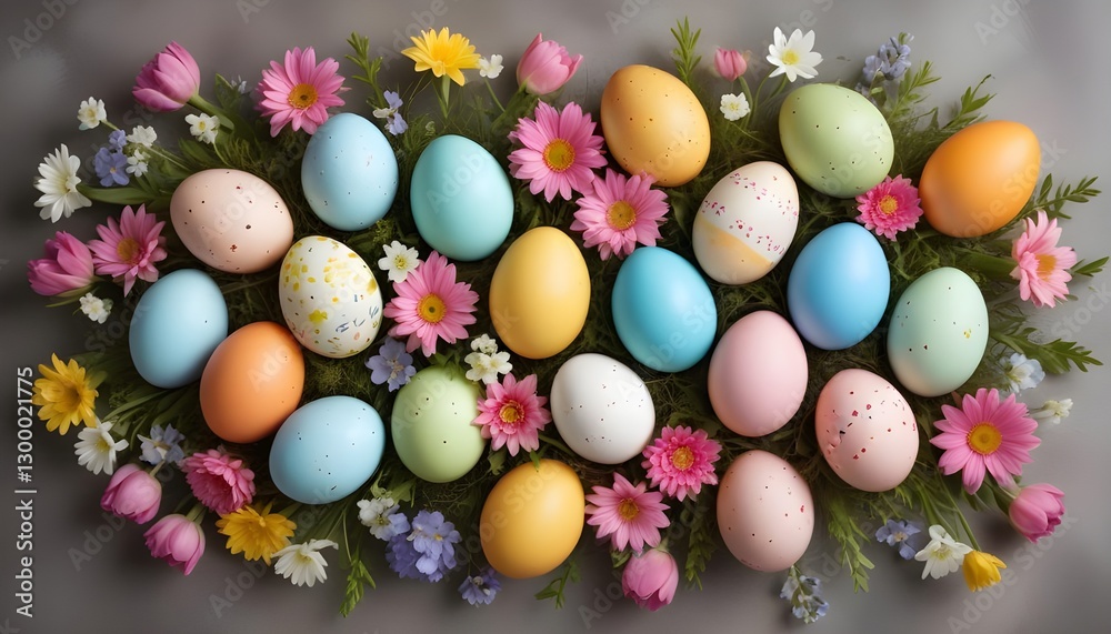 A vibrant arrangement of Easter eggs in various colors, beautifully adorned with delicate flowers, creating a festive and spring-inspired design A vibrant arrangement of Easter eggs in various colors, beautifully adorned with delicate flowers, creating a festive and spring-inspired design