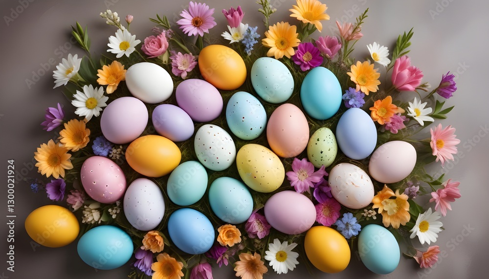 A vibrant arrangement of Easter eggs in various colors, beautifully adorned with delicate flowers, creating a festive and spring-inspired design A vibrant arrangement of Easter eggs in various colors, beautifully adorned with delicate flowers, creating a festive and spring-inspired design