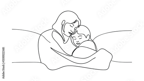 Mother and Child Embrace, Warm Blanket, Tender Love, Cozy Comfort, Line Art Drawing