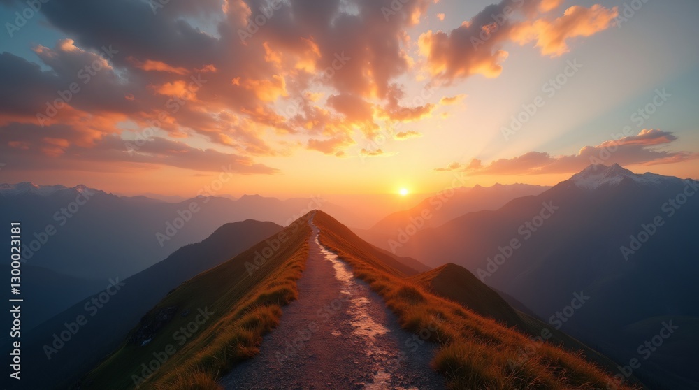 Mountain Ridge Trail at Sunset with Scenic View Mountain Ridge Trail at Sunset with Scenic View