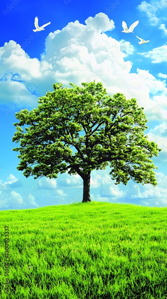 Green Tree on a Grassy Hill Under a Blue Sky with White Clouds and Birds