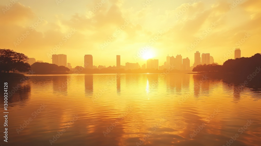 Fototapeta premium Golden Hour Reflections Over Urban Lakes