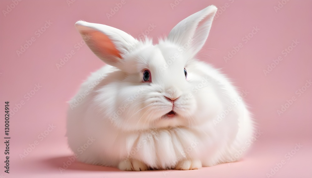 Obraz premium A charming portrait of a fluffy white rabbit with a surprised expression, set against a soft pink background. perfect for easter