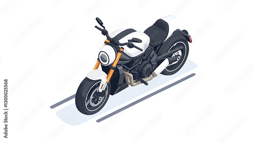 Isometric perspective of a streamlined motorcycle, soft shadows on the road, minimalist details with a focus on the smooth, aerodynamic design, set against a white background Isometric perspective of a streamlined motorcycle, soft shadows on the road, minimalist details with a focus on the smooth, aerodynamic design, set against a white background