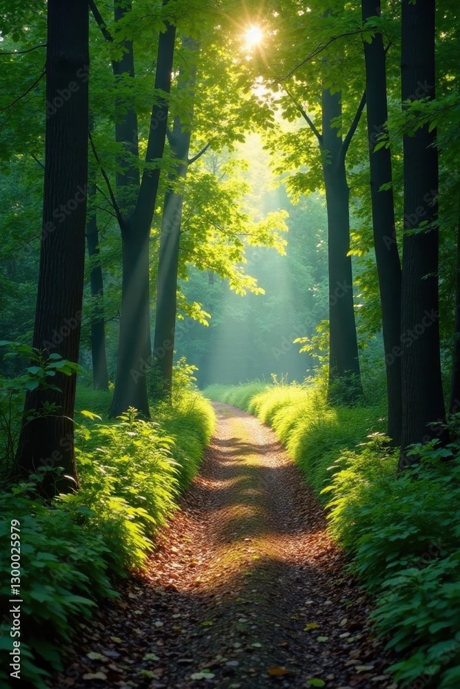 Fototapeta premium Sun-dappled forest path splits, one clear, one obscured by foliage , crossroads, adventure