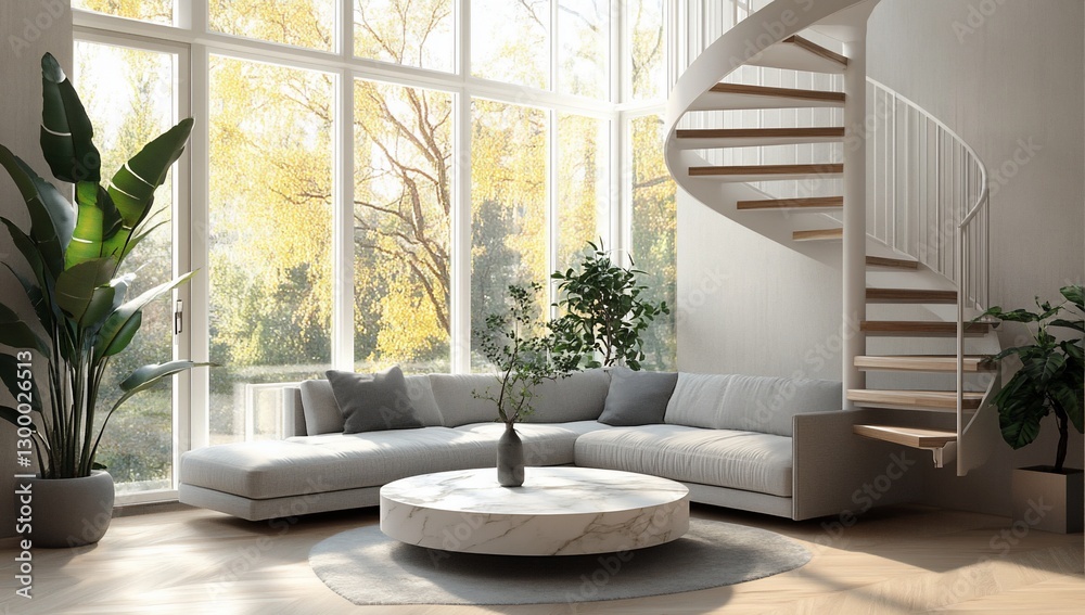 Fototapeta premium Modern living room with large windows, spiral staircase, and comfortable sectional sofa.