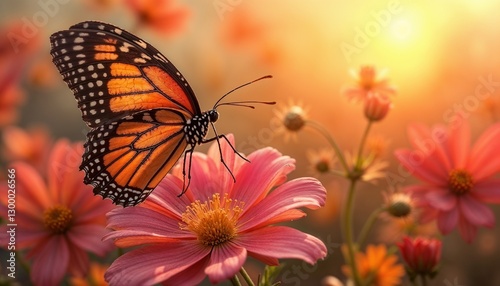 Wallpaper Mural Monarch Butterfly Illuminated by Warm Sunset on Vibrant Cosmos Flower Torontodigital.ca