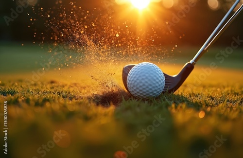 Macro of golf ball hit by club on tee with dust particles flying from impact moment at sunset. Sport game with precision stroke on course in outdoor activity.