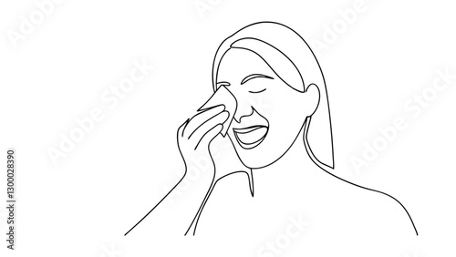 Womans Face, Single Line Drawing, Tissue, Smiling, Happy, Clean, Skincare, Beauty, Hygiene, Portrait