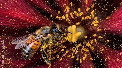 Close-up of bee pollinating dark red flower, pollen visible.