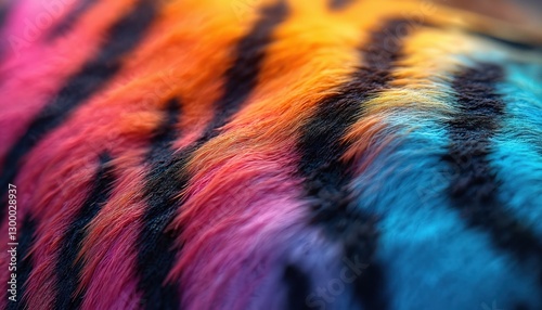 Hyper realistic close-up photo of rainbow colored tiger fur pattern. Vibrant gradient stripes background, wild animal detailed colorful texture. Exotic feline design, striking high-colored unique