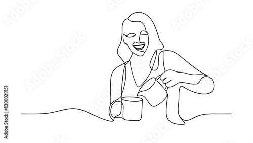Happy Woman Pouring Coffee, OneLine Art, Minimalist Style, Morning Routine, Coffee Lover, Beverage, 