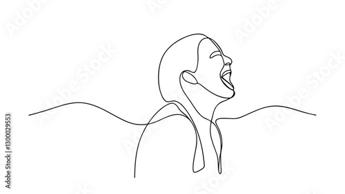 A minimalist line drawing depicts a womans head and shoulders, mouth open in a joyous shout, suggesting freedom and unrestrained emotion. The single continuous line style creates a dynamic effect.