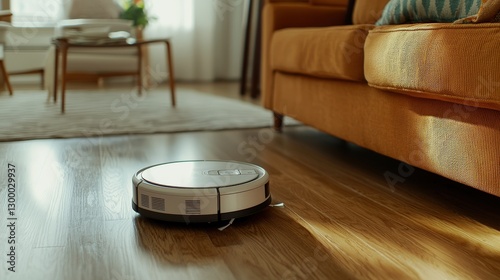 Modern Robotic Vacuum Cleaner on Hardwood Floor in Cozy Living Room