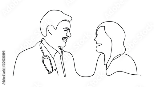 A continuous line drawing depicts a joyfully laughing couple, possibly a doctor and patient or a romantic pair, showcasing their connection and happiness through simple lines.