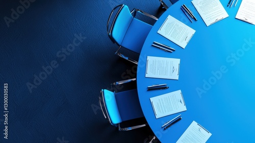 Blue Conference Table with Papers and Pens Ready for Meeting photo