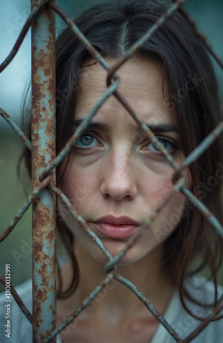 Sad woman behind rusty fence, human trafficking concept. Vulnerable girl looking through bars, victim of abuse. Social issues awareness, rights protection. Stop slavery, violence. Prevention against photo