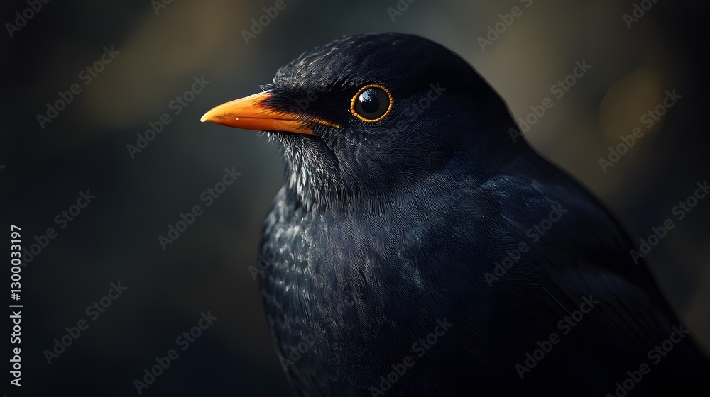 Fototapeta premium Closeup of a Blackbird Sitting in Dark Shadows with Golden Eyes in Natural Habitat