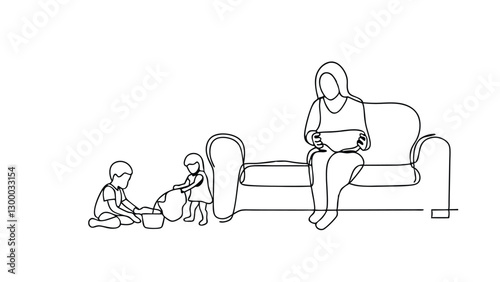 A continuous line drawing depicts a mother calmly seated on a sofa, observing her two young children engaging in playful activity on the floor. Simple, serene family scene.