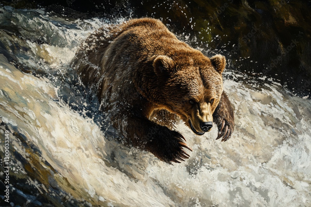 Fototapeta premium Grizzly bear catching salmon in a powerful river.