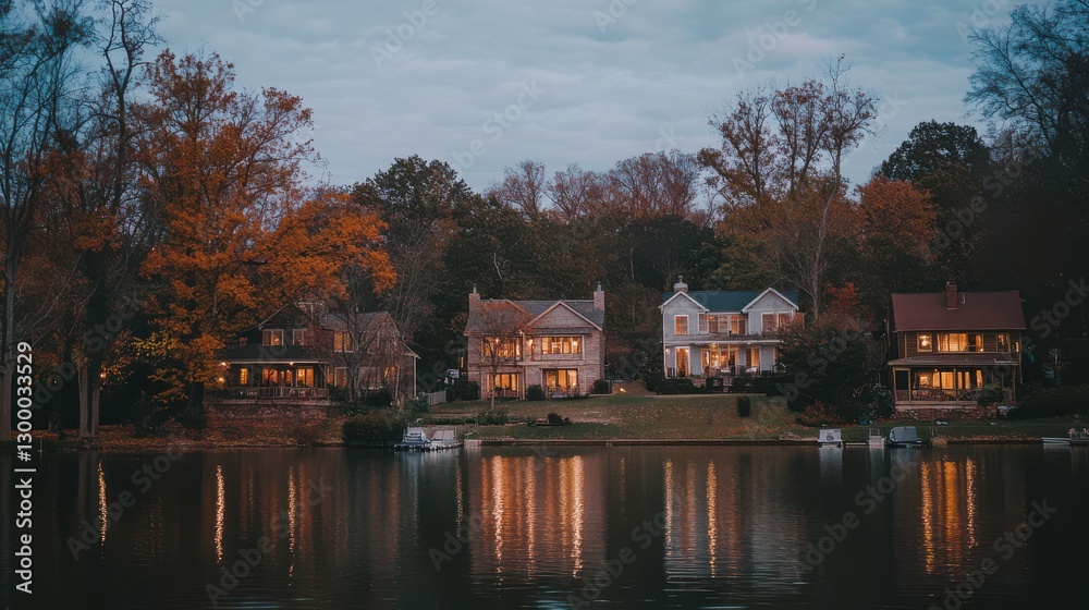 Obraz premium Serene Autumn Twilight at Rustic Fishing Cabins