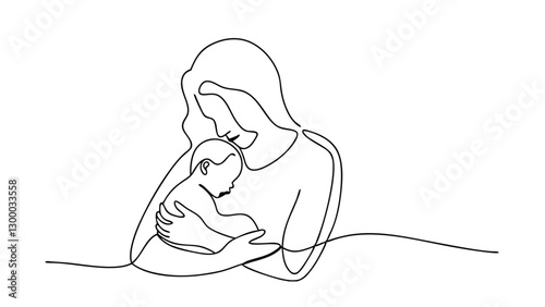 A minimalist line art illustration depicts a mother tenderly cradling her newborn baby. The continuous line drawing emphasizes the bond between them, showcasing love and protection.