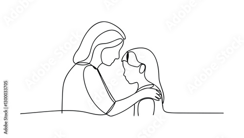 Motherly Love OneLine Drawing, Woman, Child, Comfort, Embrace, Care, Support, Affection, Tenderness,